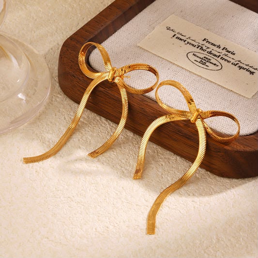 Golden Bow Ribbon Drop Earrings